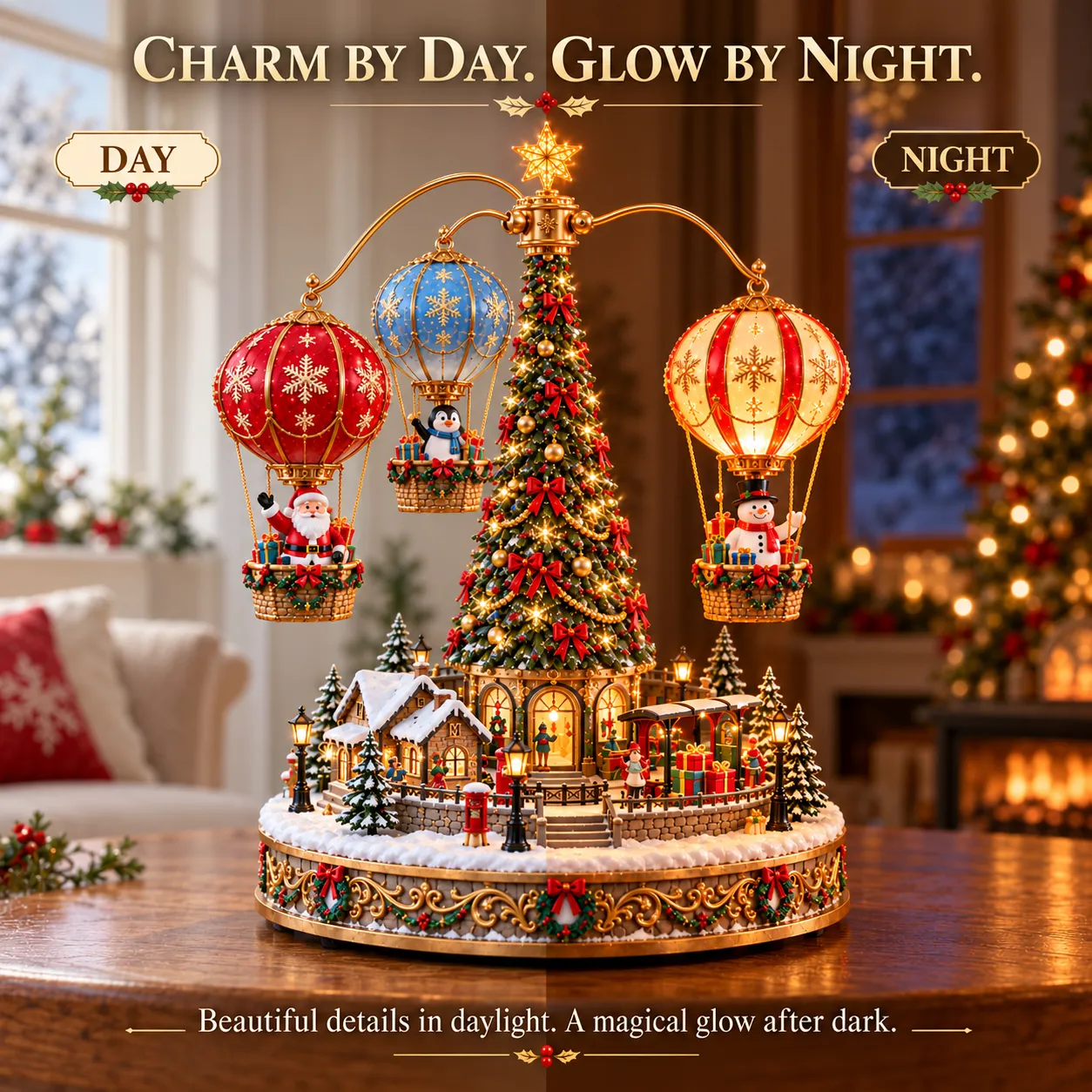 Christmas balloon village shown in daylight and illuminated at night Christmas balloon village shown in daylight and illuminated at night
