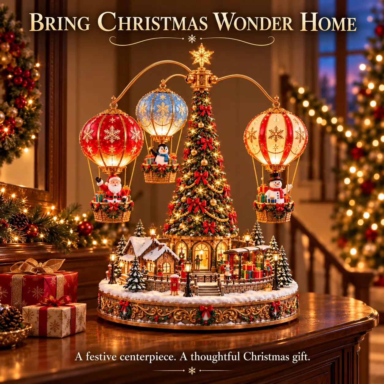 Glowing Christmas balloon village displayed as a festive home centerpiece Glowing Christmas balloon village displayed as a festive home centerpiece