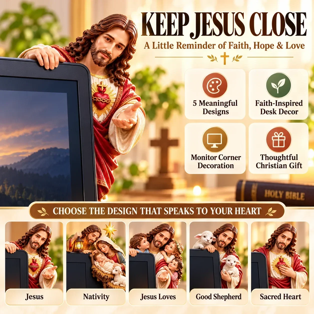 Keep Jesus Close faith-inspired monitor corner decoration, featuring five available designs