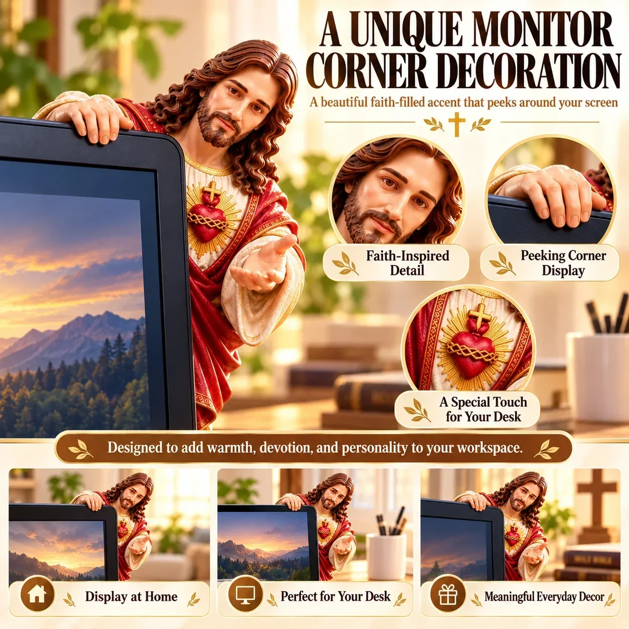Jesus decoration peeking around the corner of a computer monitor with detail callouts