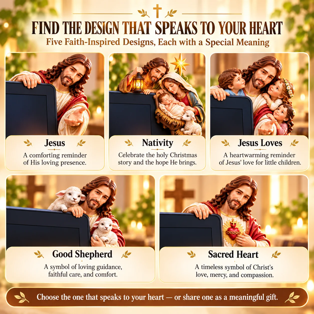 Five faith-inspired monitor corner decoration designs: Jesus, Nativity, Jesus Loves, Good Shepherd and Sacred Heart