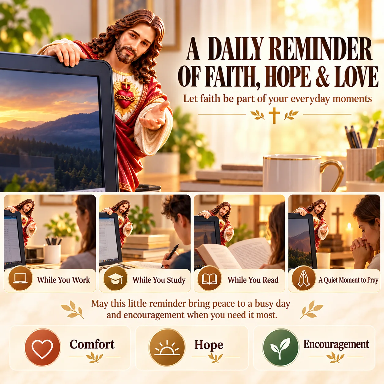 Faith-inspired monitor decoration shown during work, study, reading and quiet prayer