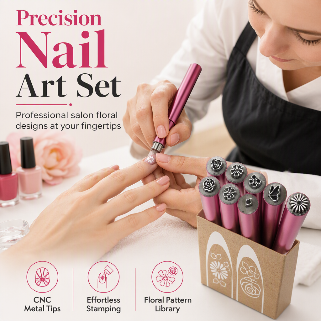 Pink nail art stamp pens with decorative pattern heads for DIY manicures