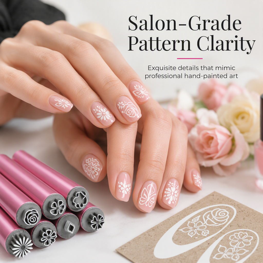 Nail art stamp pen set showing floral, rose and butterfly nail pattern examples