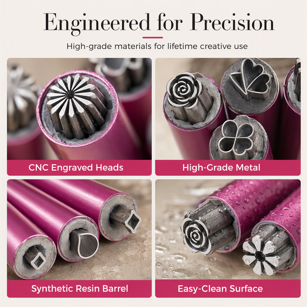 Close-up of decorative nail art stamp heads and pink pen-shaped handles