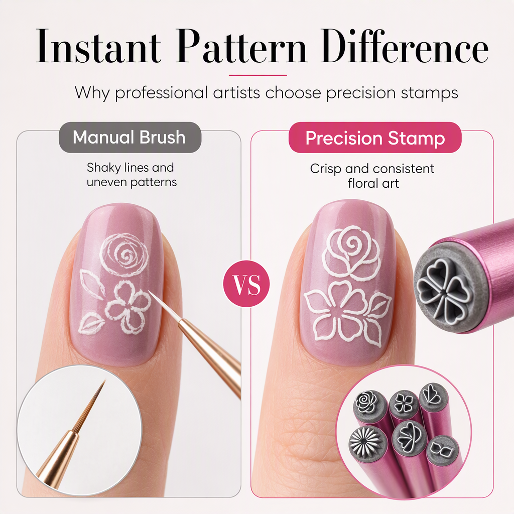 Comparison between hand-drawn nail art and decorative stamp pattern application
