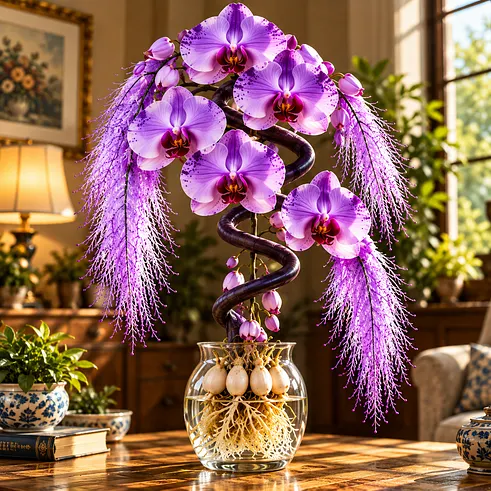 Spiral orchid inspired floral arrangement in a transparent vase