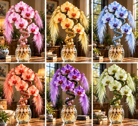 Spiral orchid collection with different floral colors