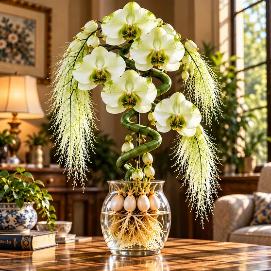 Orchid inspired display with flowing floral details and glass vase