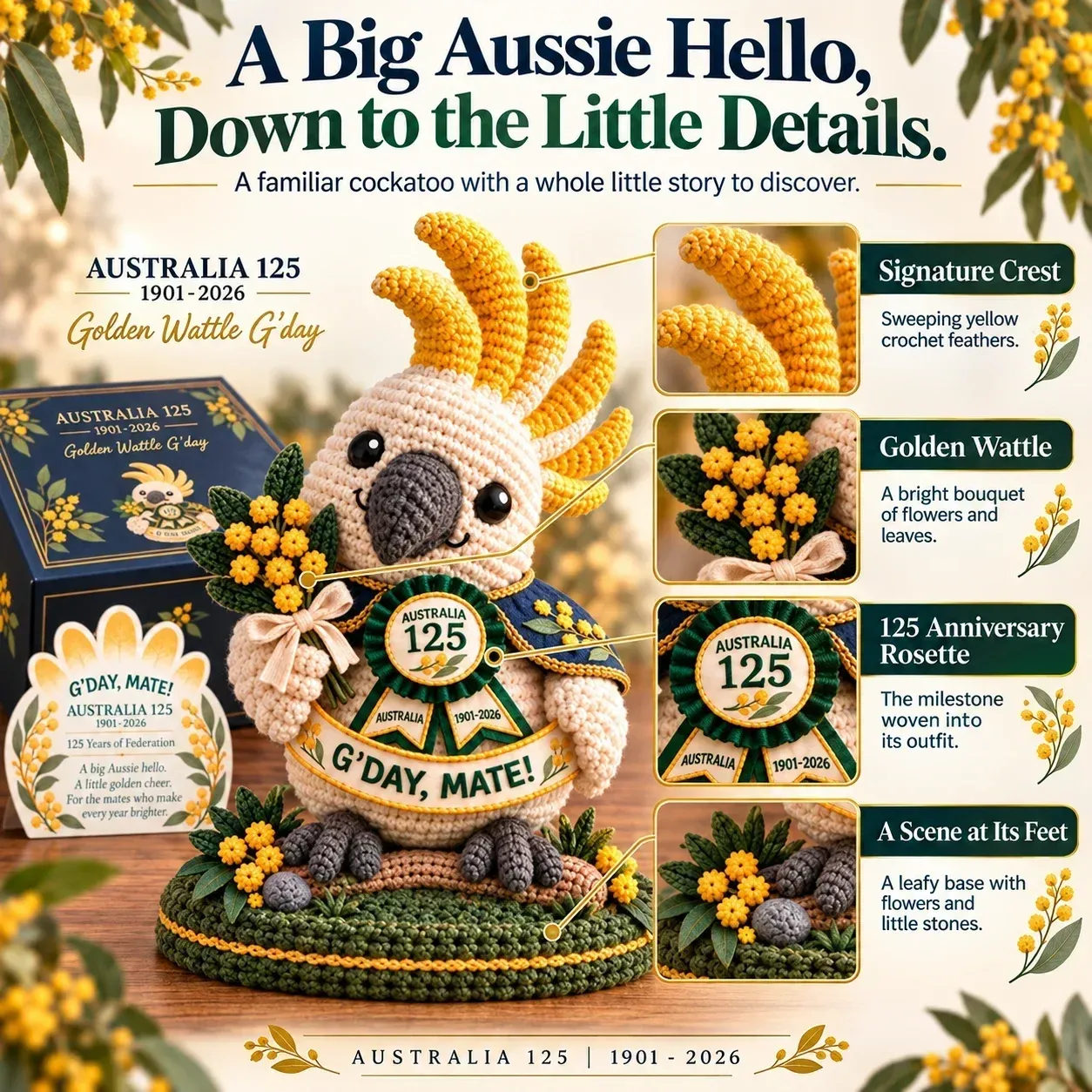Golden Wattle Cockatoo detail image showing raised yellow crest, bouquet, anniversary rosette and leafy display base