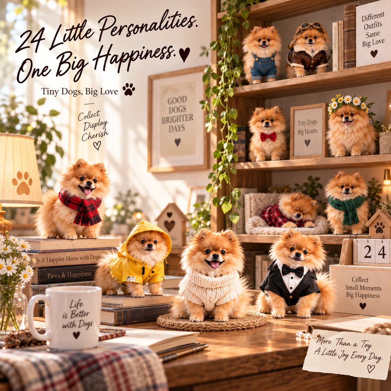 Pomeranian Crew collectibles displayed in a home