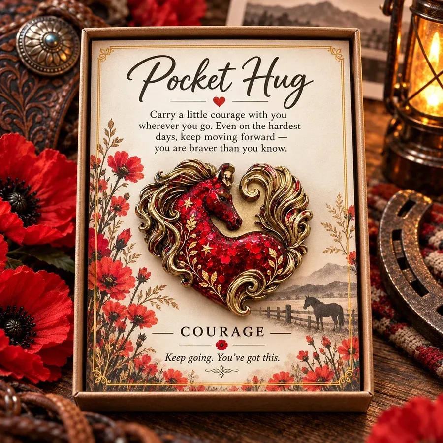 Courage design with a vivid red horse, flowing gold-tone mane and red floral details