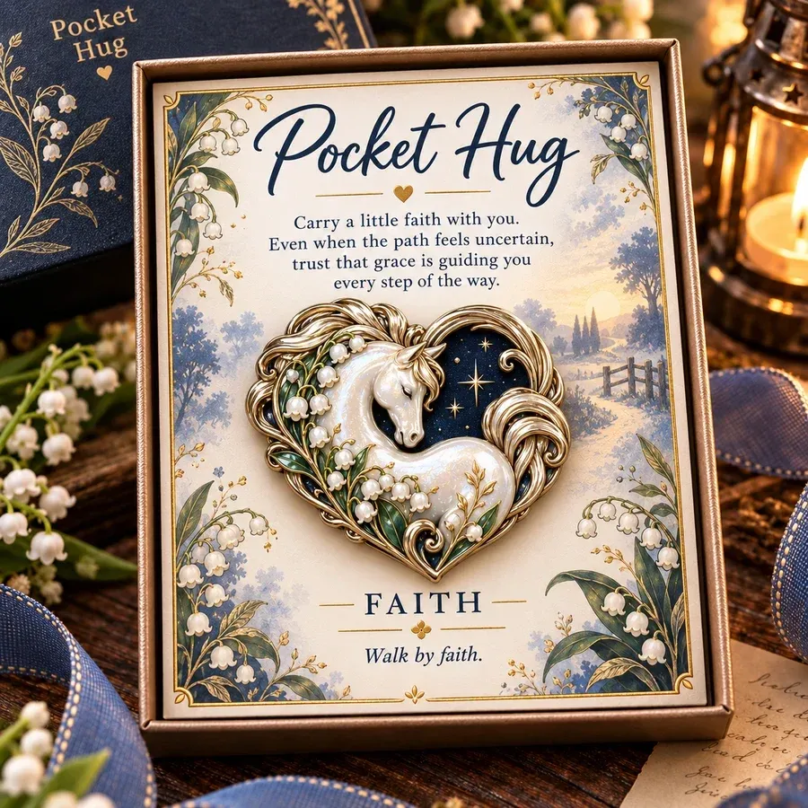Faith design with an ivory-colored horse, white bell-shaped flowers and gold-tone stars against deep blue
