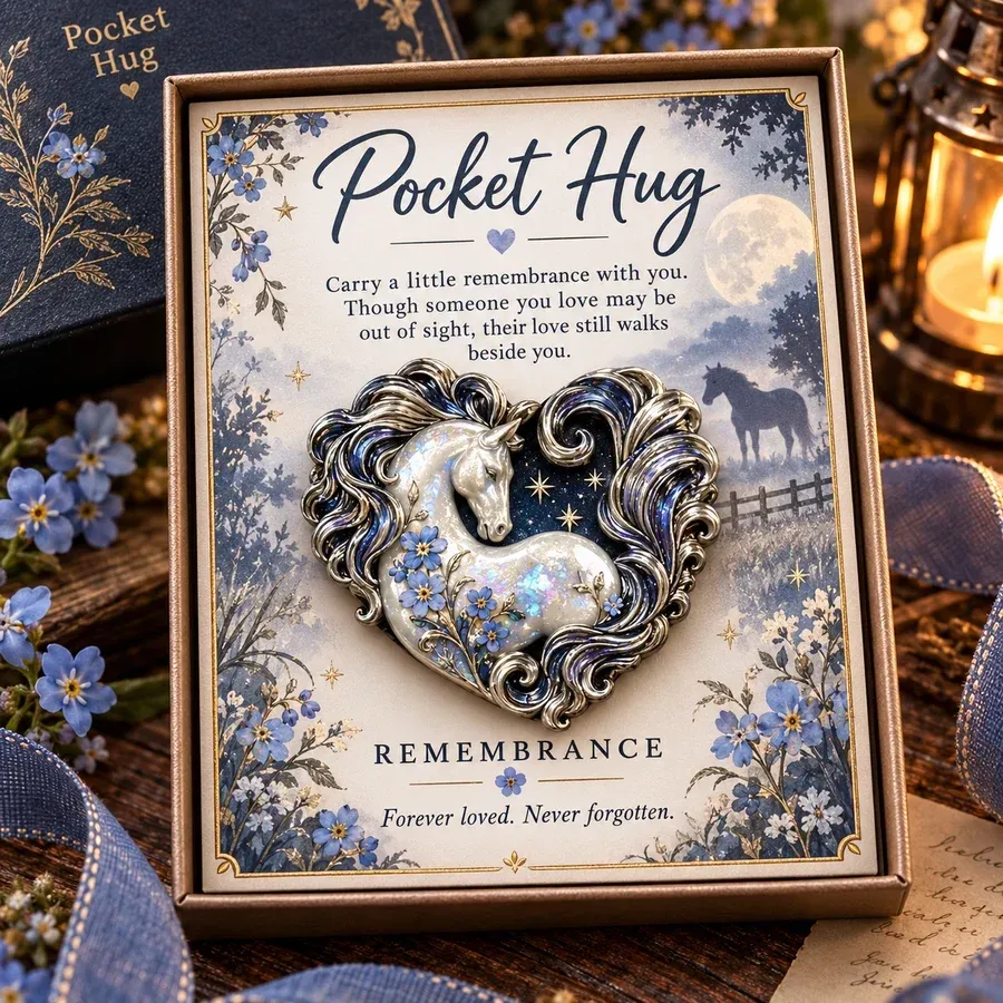 Remembrance design with a pale horse, blue flowers, silver-tone scrollwork and a moonlit message card