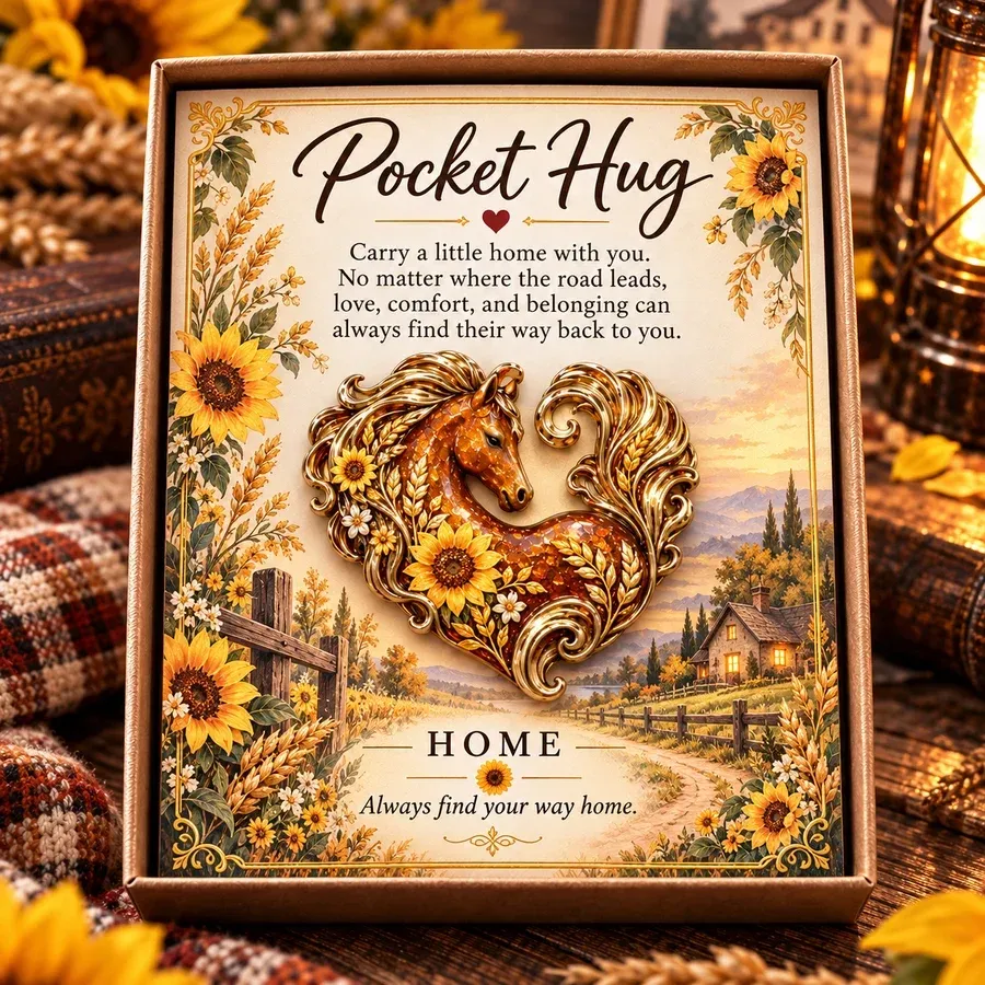 Home design with an amber-colored horse, golden scrollwork, sunflowers and a countryside message card