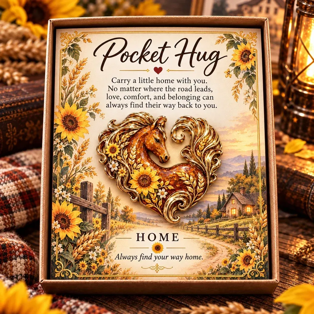 Home Pocket Hug displayed with its sunflower message card on a wooden table beside warm lamplight