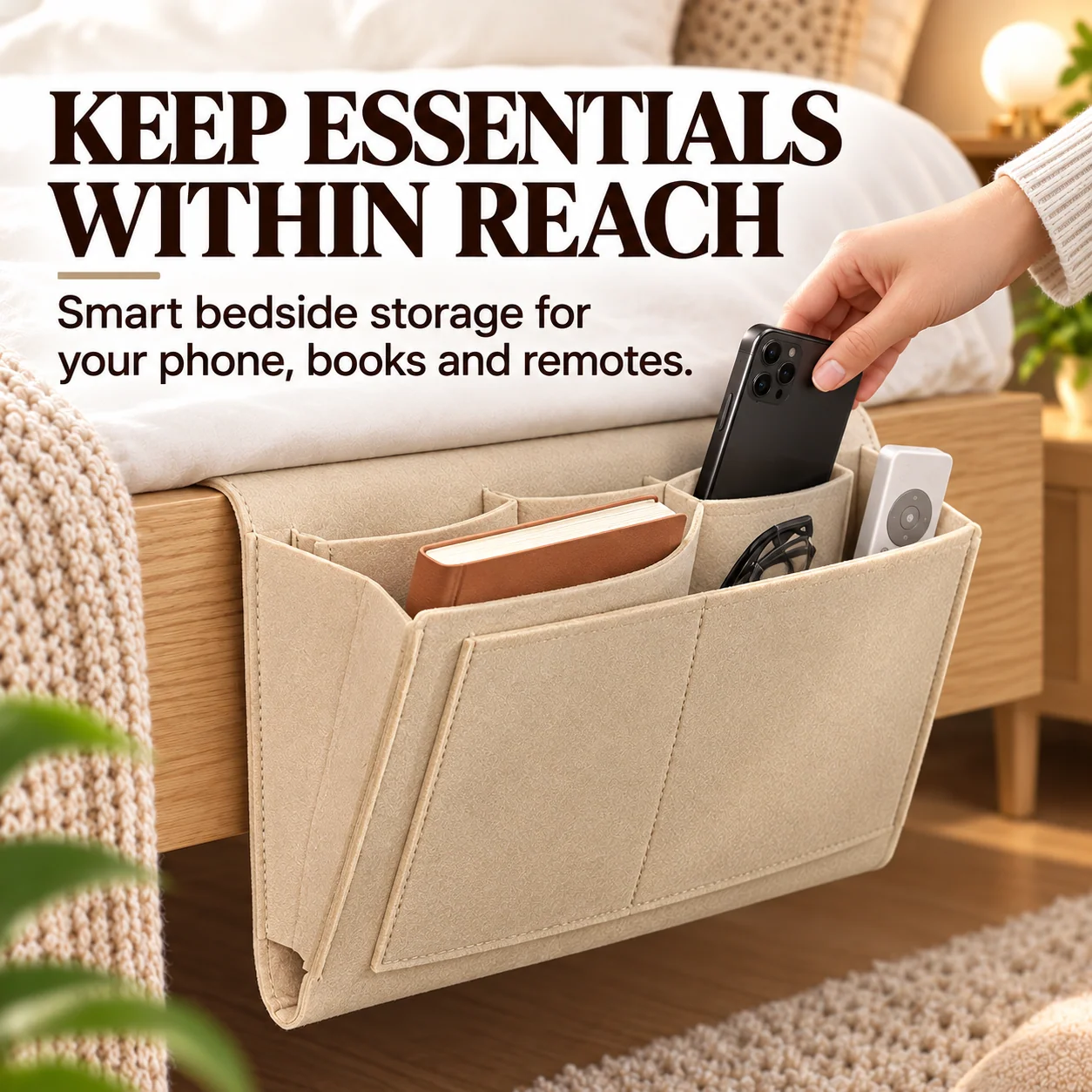 Bedside hanging organizer with multiple storage pockets