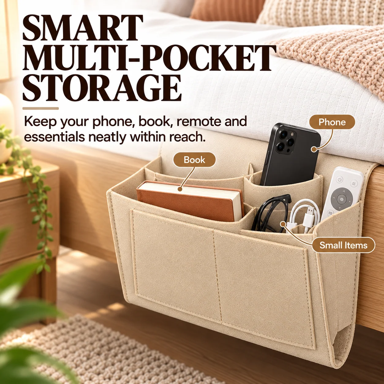Multiple pockets for everyday bedside essentials