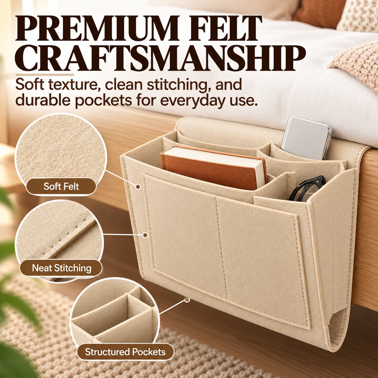 Bedside organizer stitching and compartment details