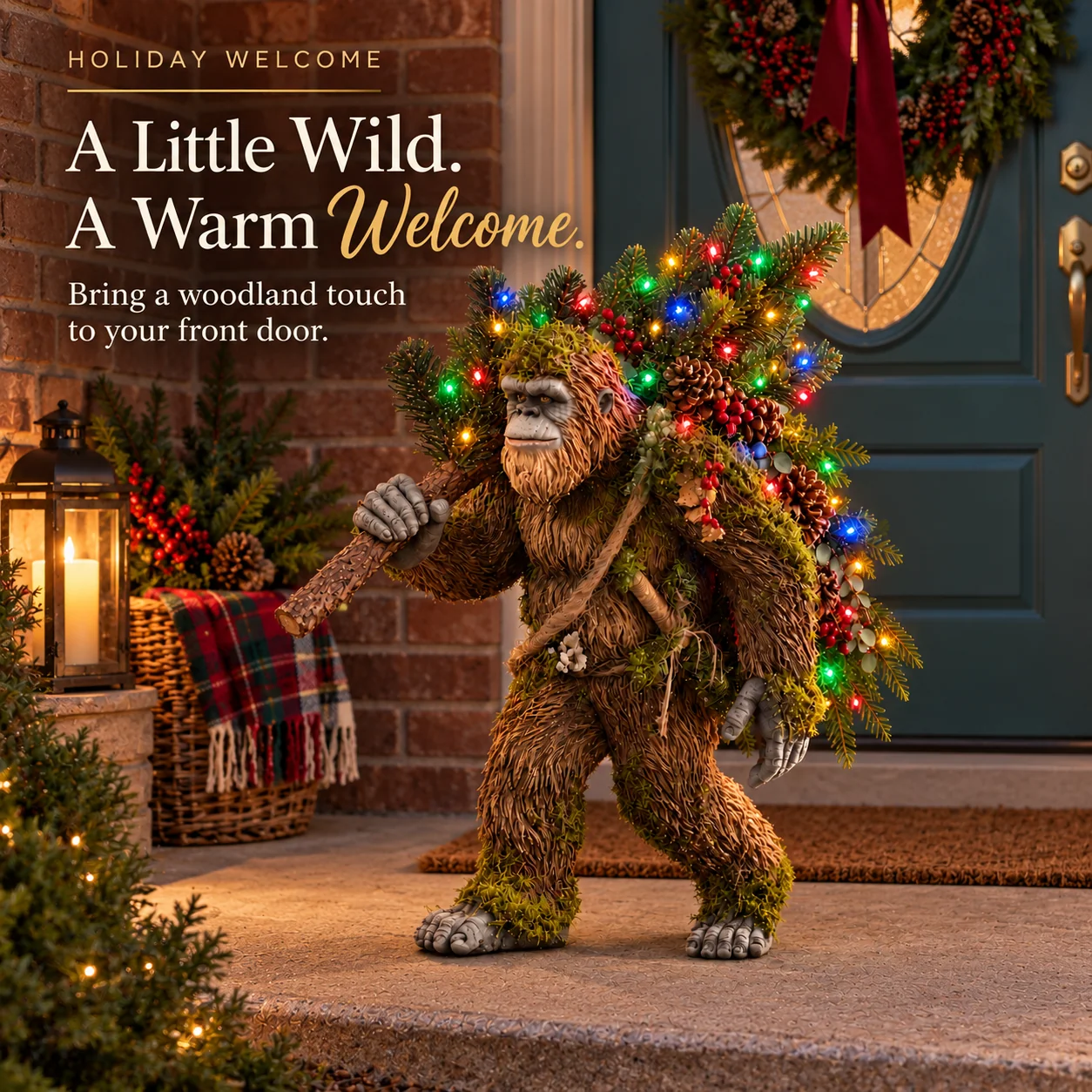 Woodland Bigfoot welcoming guests on a Christmas porch