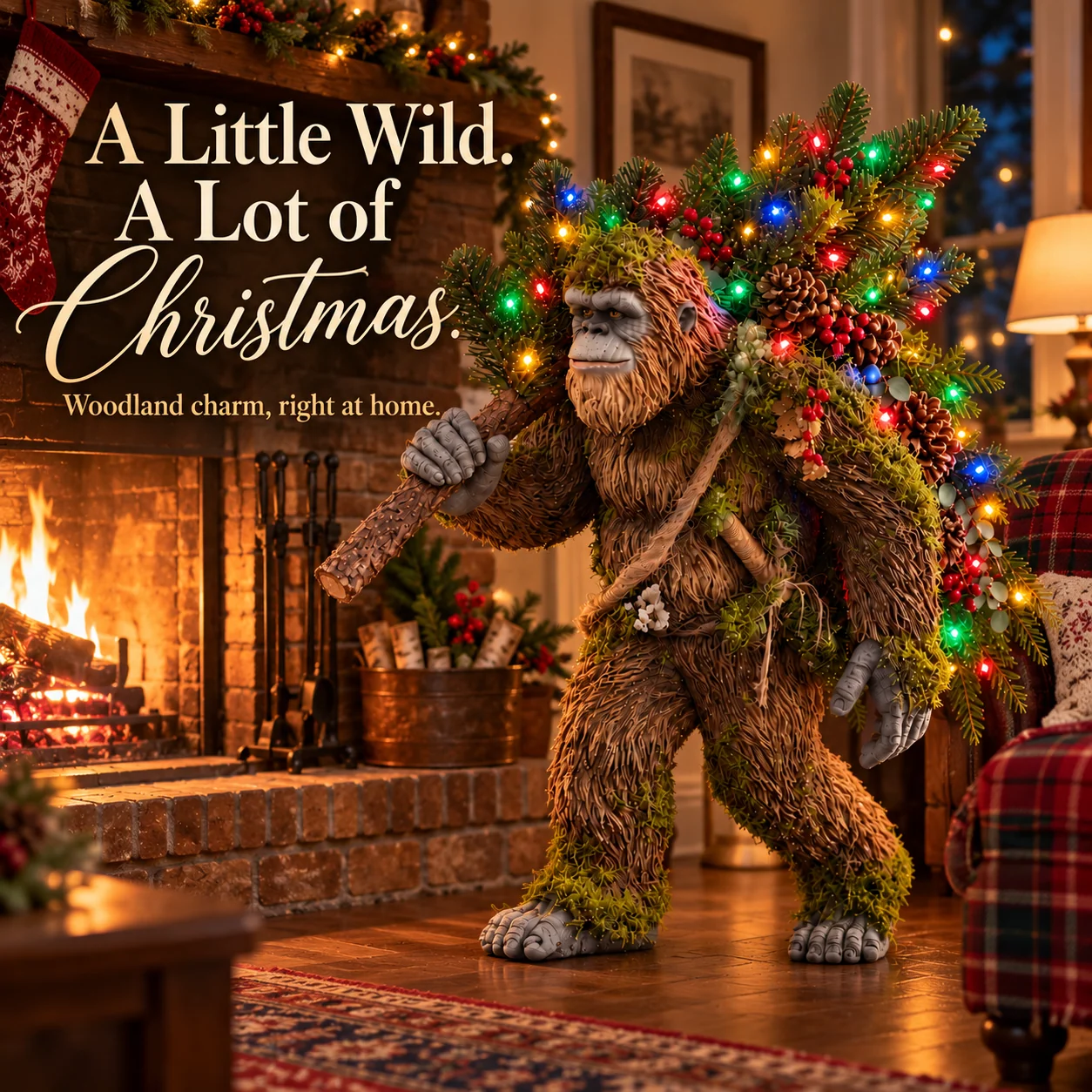 Woodland Bigfoot Christmas decor beside a cozy holiday fireplace