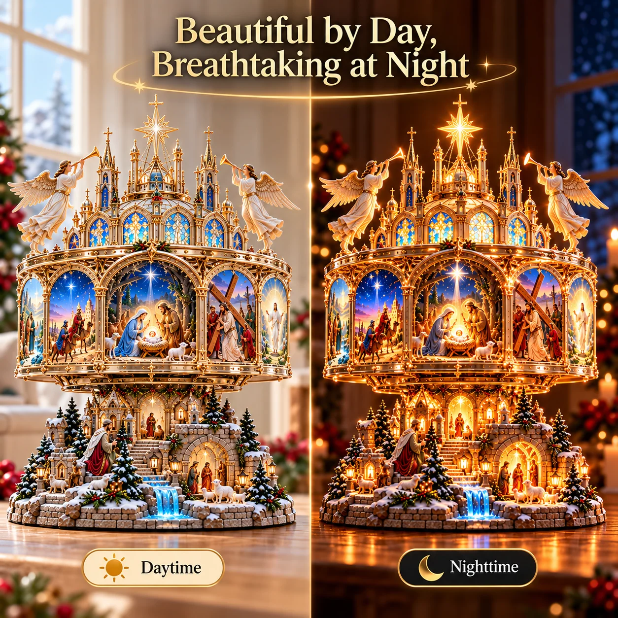 Day and night comparison of the Journey of Faith display