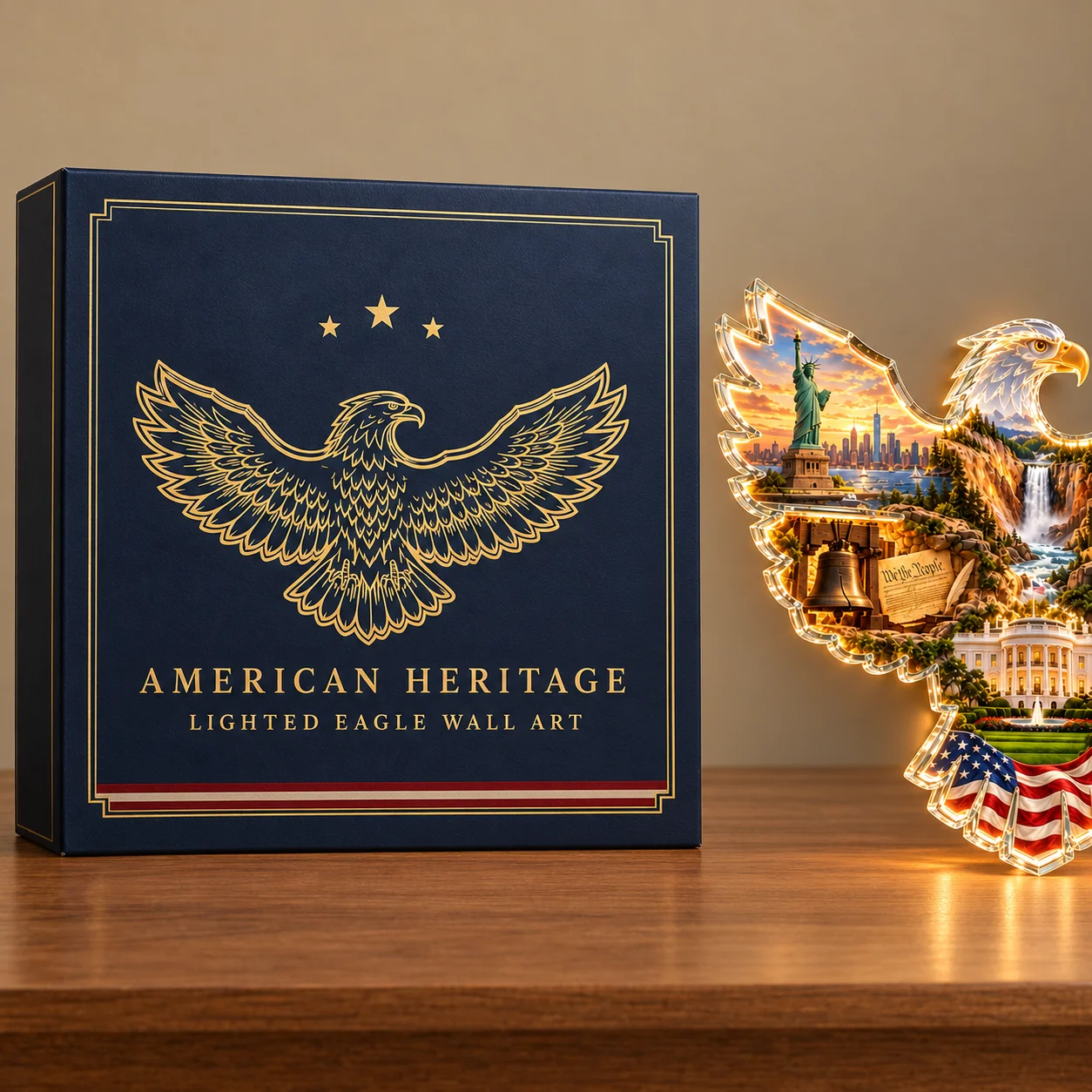 Navy and gold American Heritage gift box with centered eagle artwork and border