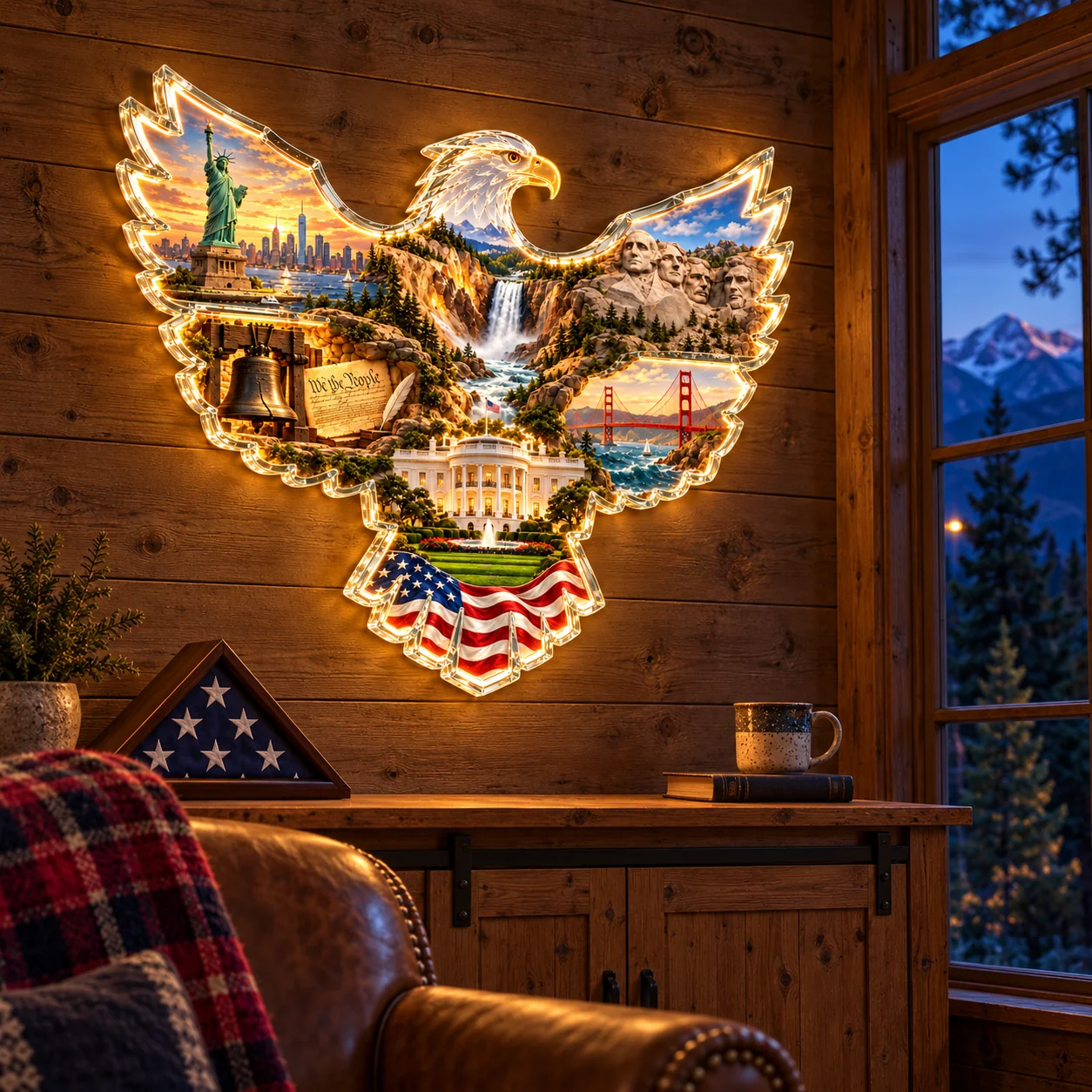 Warmly illuminated American eagle wall art in a mountain cabin at night