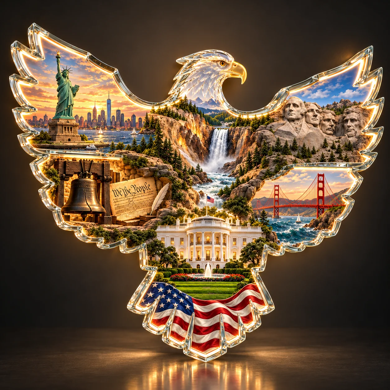 American Heritage lighted eagle with six American landmark scenes and a Stars and Stripes tail