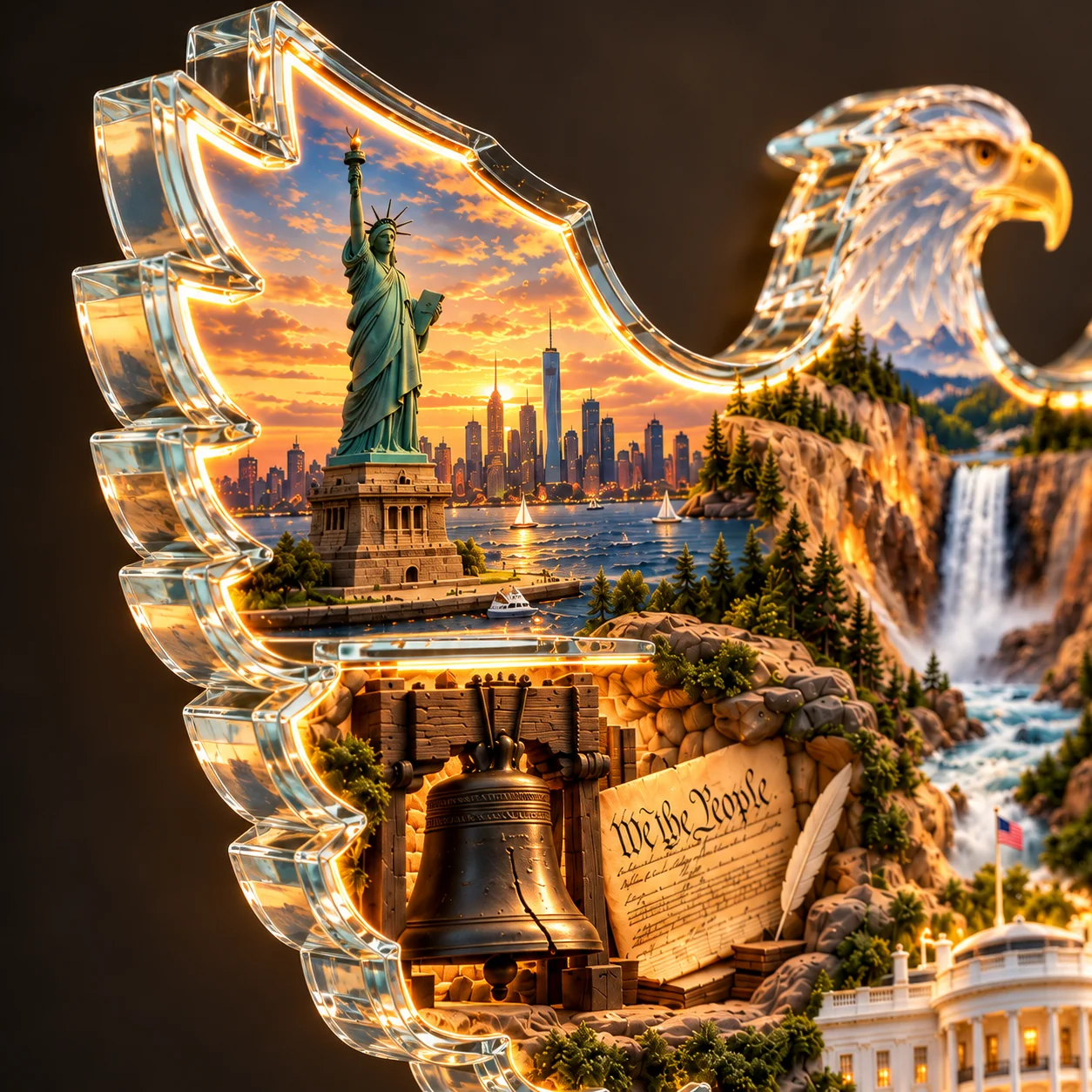 Close-up of the eagle’s clear sculpted edge, Statue of Liberty and miniature Liberty Bell