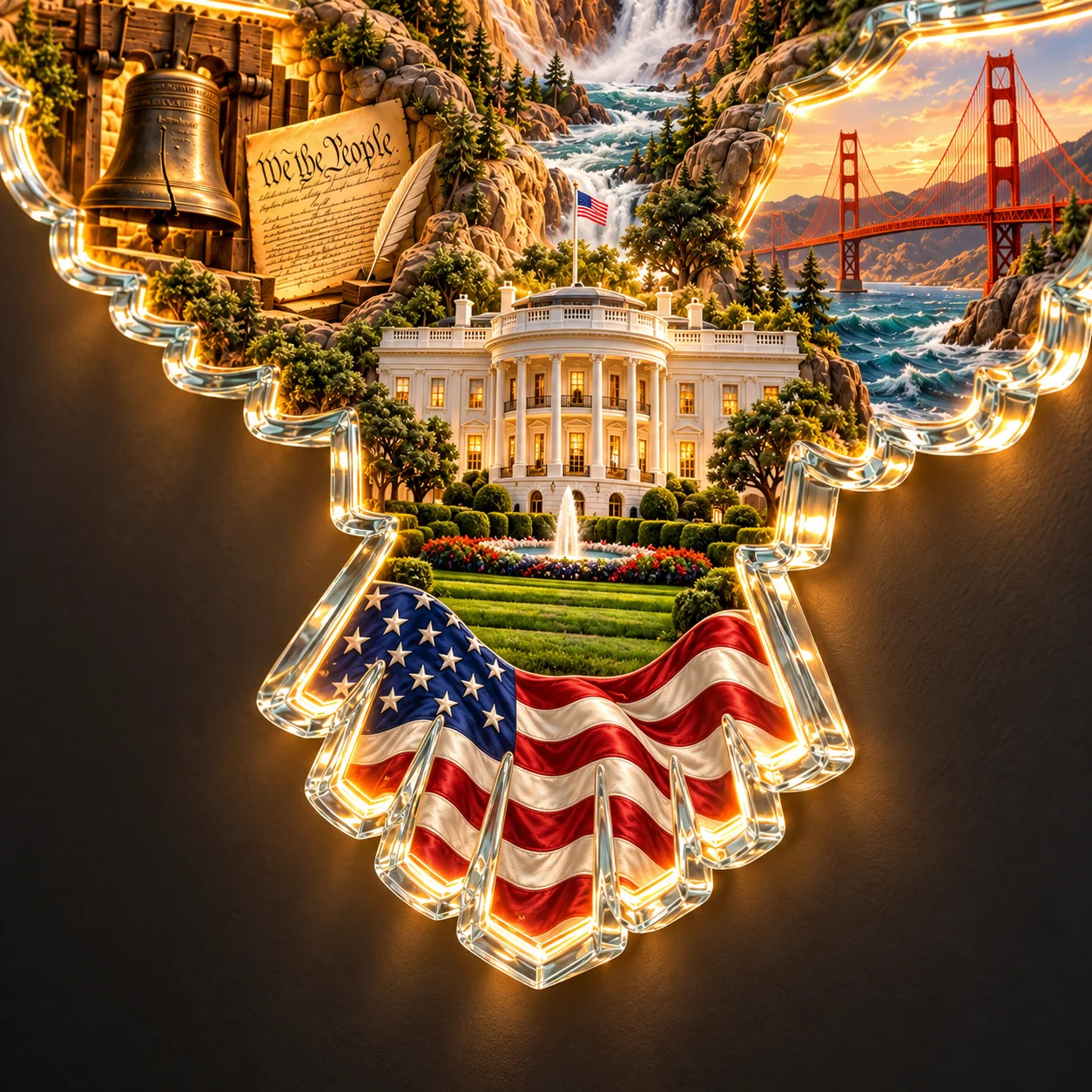 Close-up of the White House, garden fountain and American flag flowing through the eagle’s tail