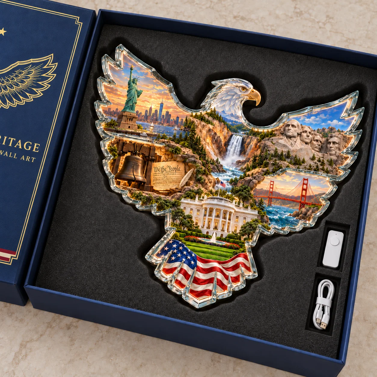Open navy presentation box with eagle wall art, remote control and USB cable