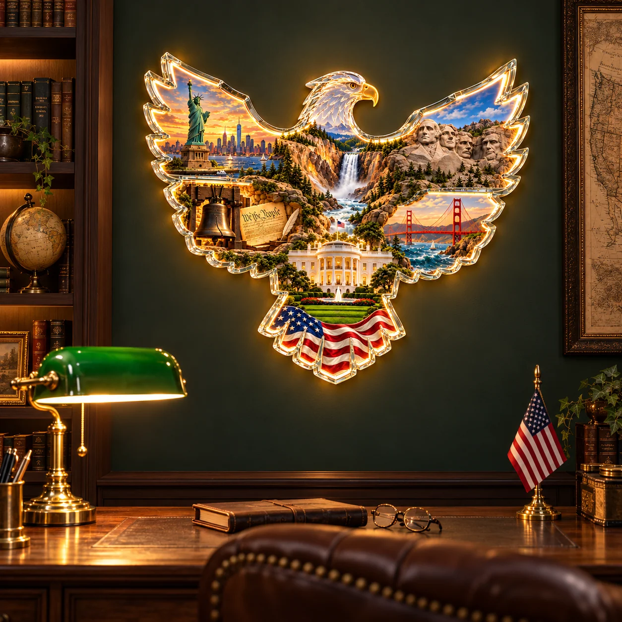American eagle wall art on the green wall of a walnut study