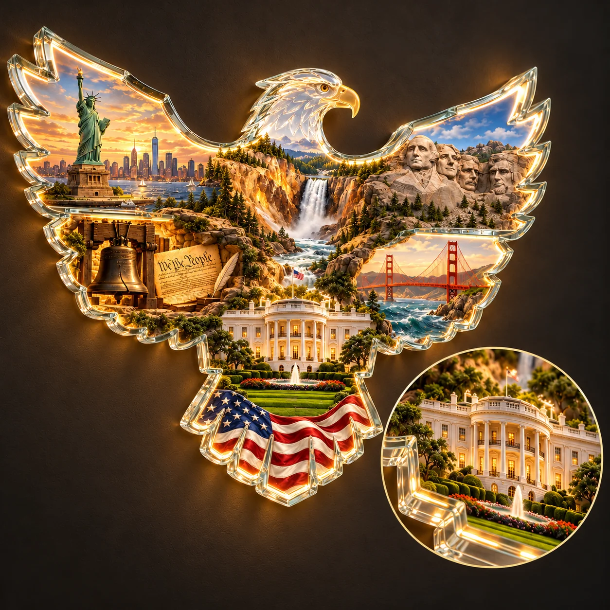 Angled eagle view with a magnified White House and fountain detail