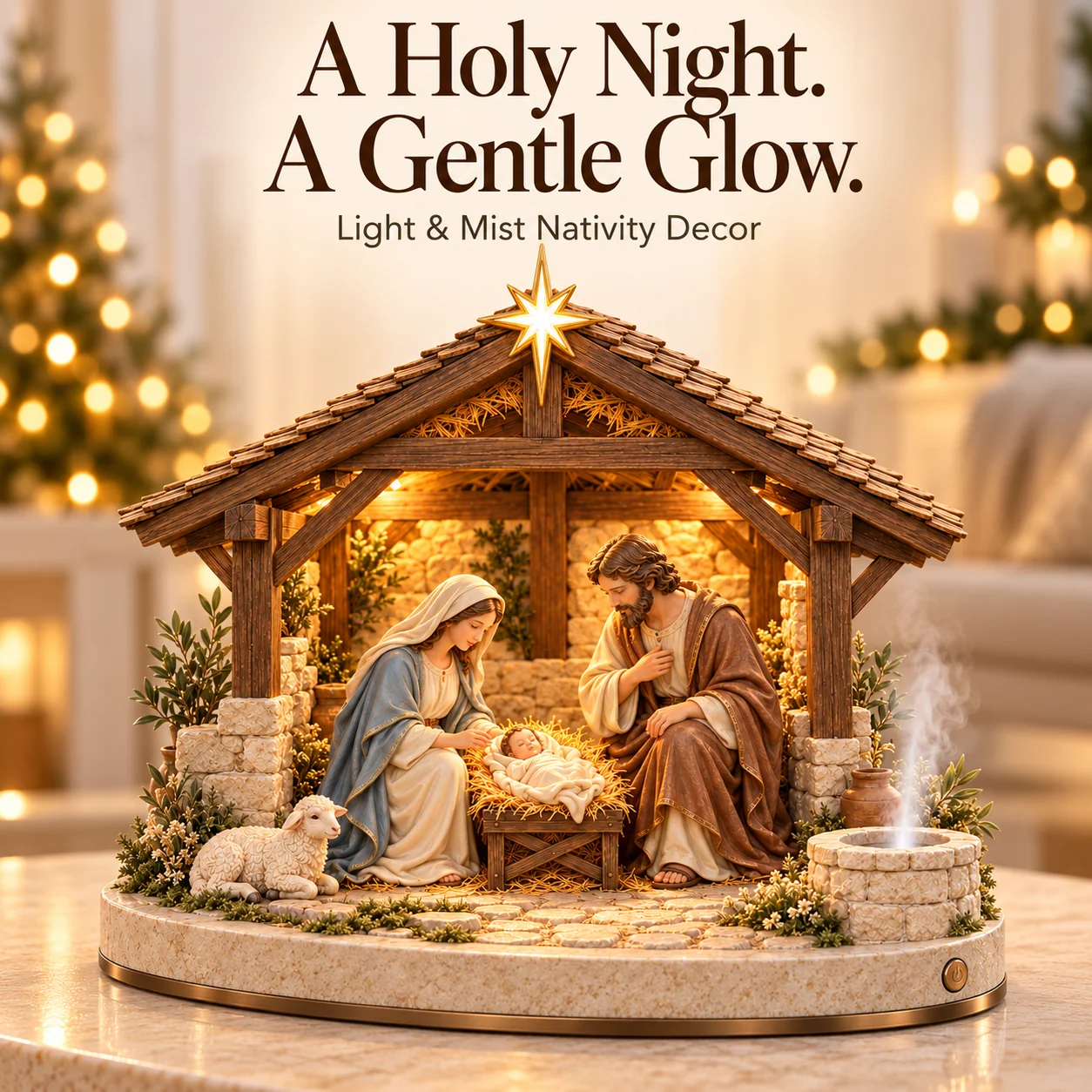 Bethlehem Holy Night Nativity scene with a glowing star, warm stable lighting and a gentle mist accent
