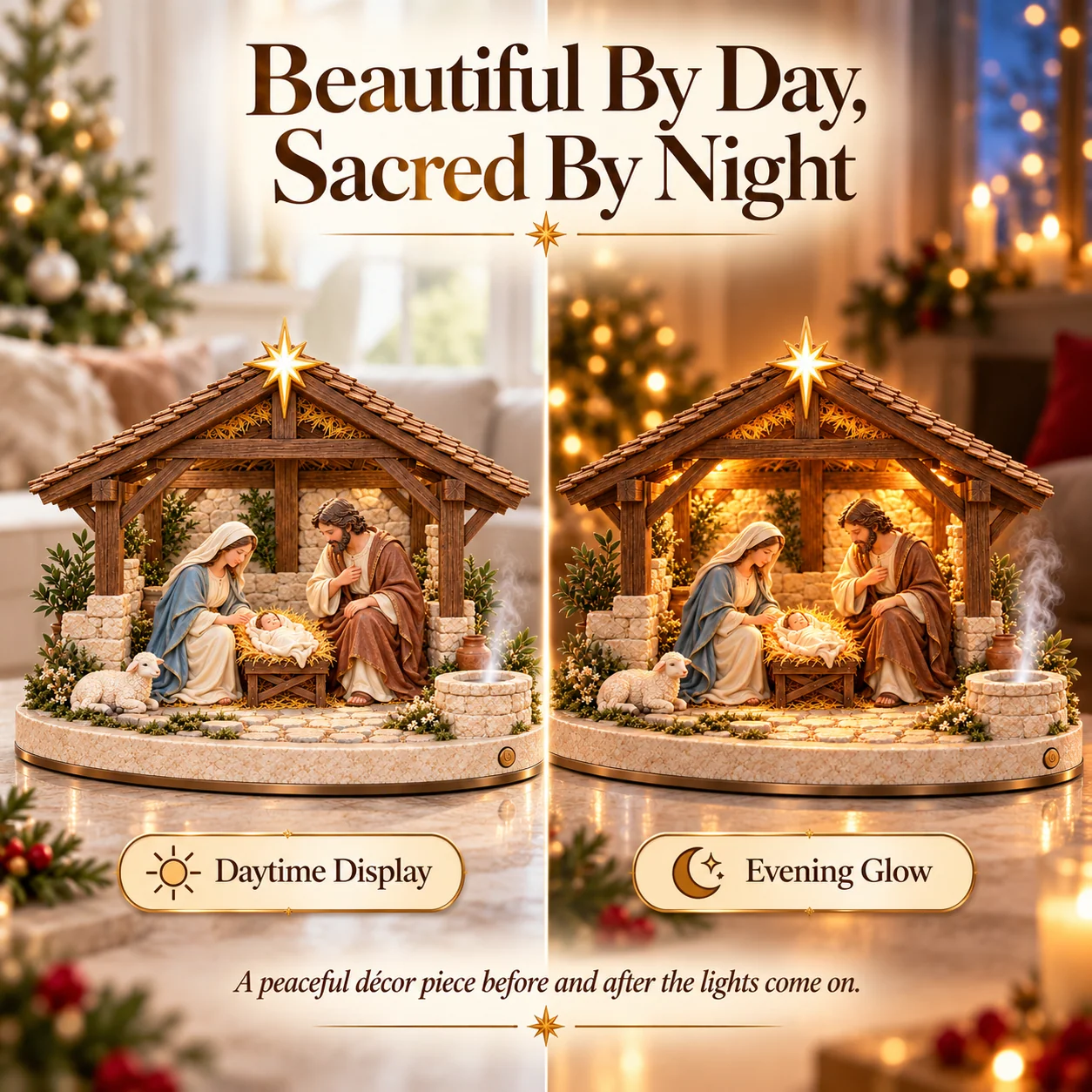 Daytime and evening comparison of the Bethlehem Holy Night Nativity decoration
