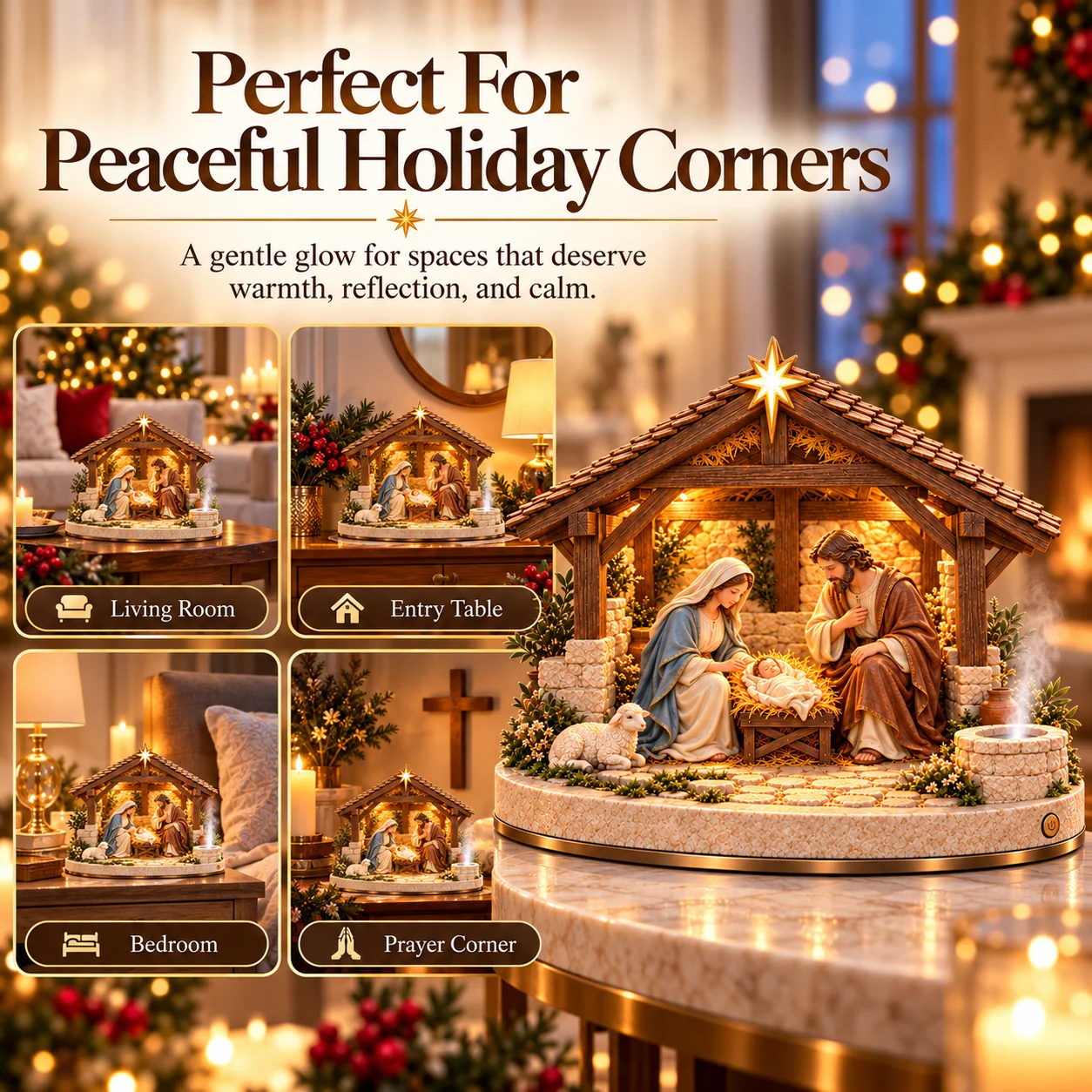 Nativity decoration styling ideas for a living room, entry table, bedroom and prayer corner