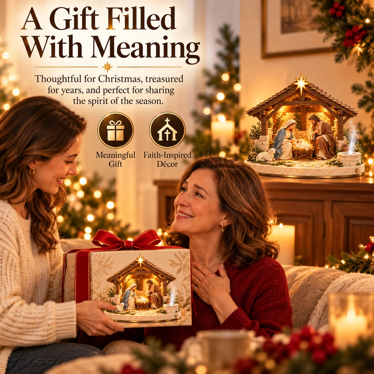 A family sharing a meaningful Nativity-themed Christmas gift
