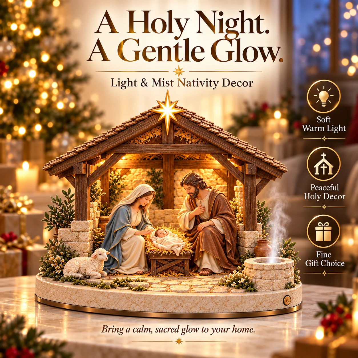 Light and mist Nativity decoration displayed in a warmly decorated Christmas living room