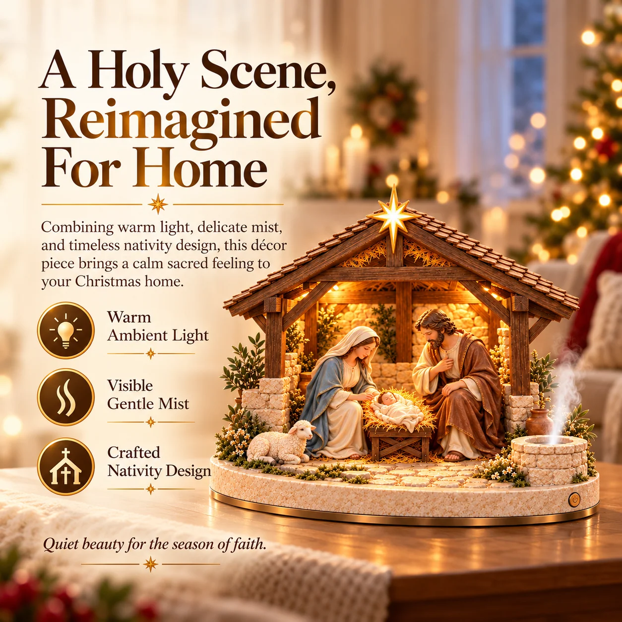 Nativity display highlighting warm ambient light, visible gentle mist and the traditional Holy Family design