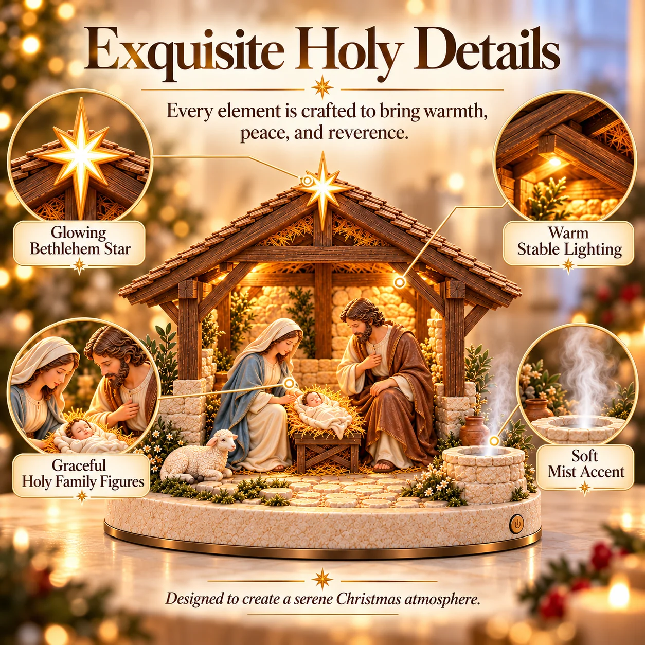 Close-up details of the glowing Bethlehem star, stable lighting, Holy Family figures and mist accent