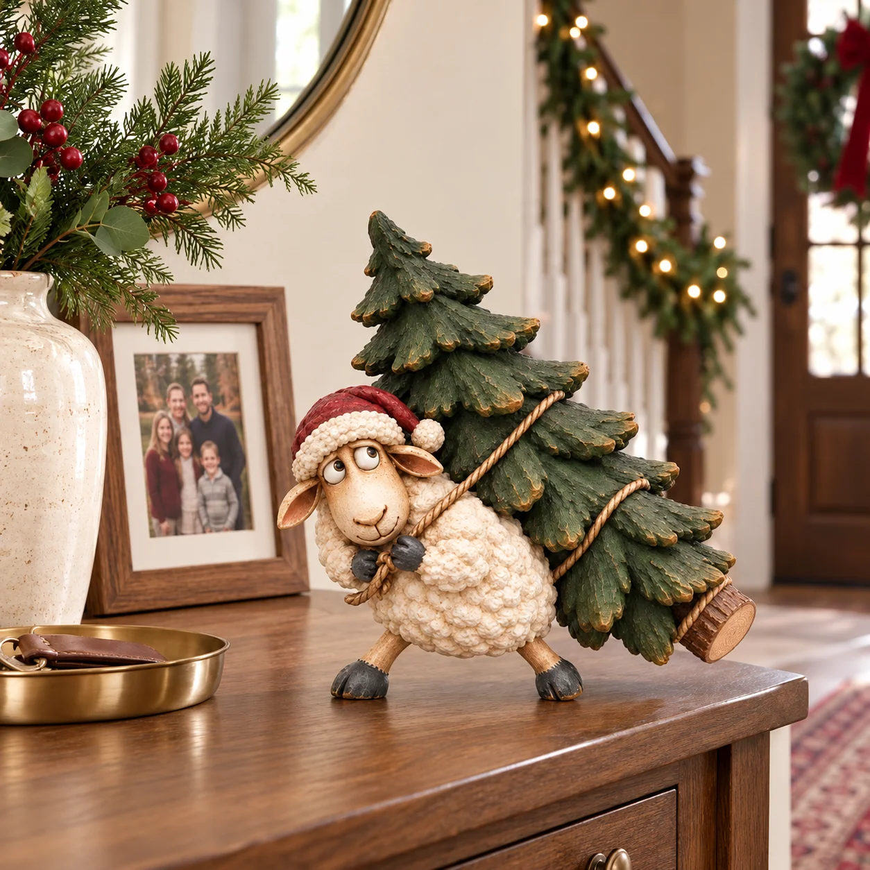 Christmas sheep figurine displayed on an entryway console table