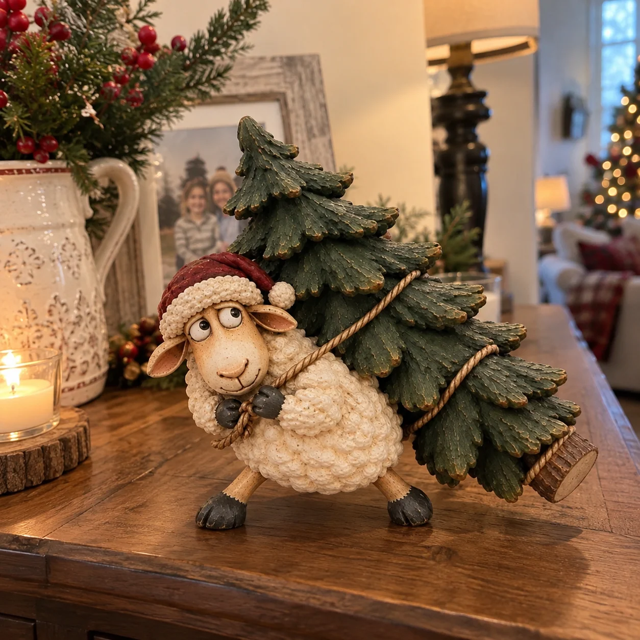 Whimsical Christmas sheep decoration and detail presentation