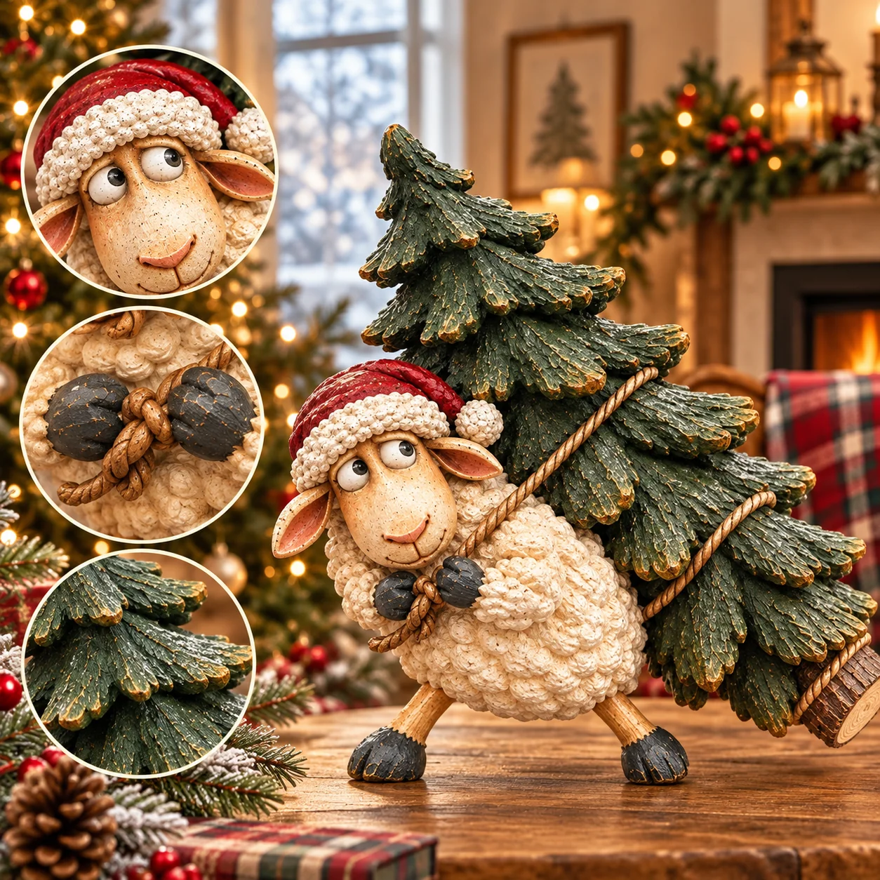 Christmas sheep carrying a little evergreen tree