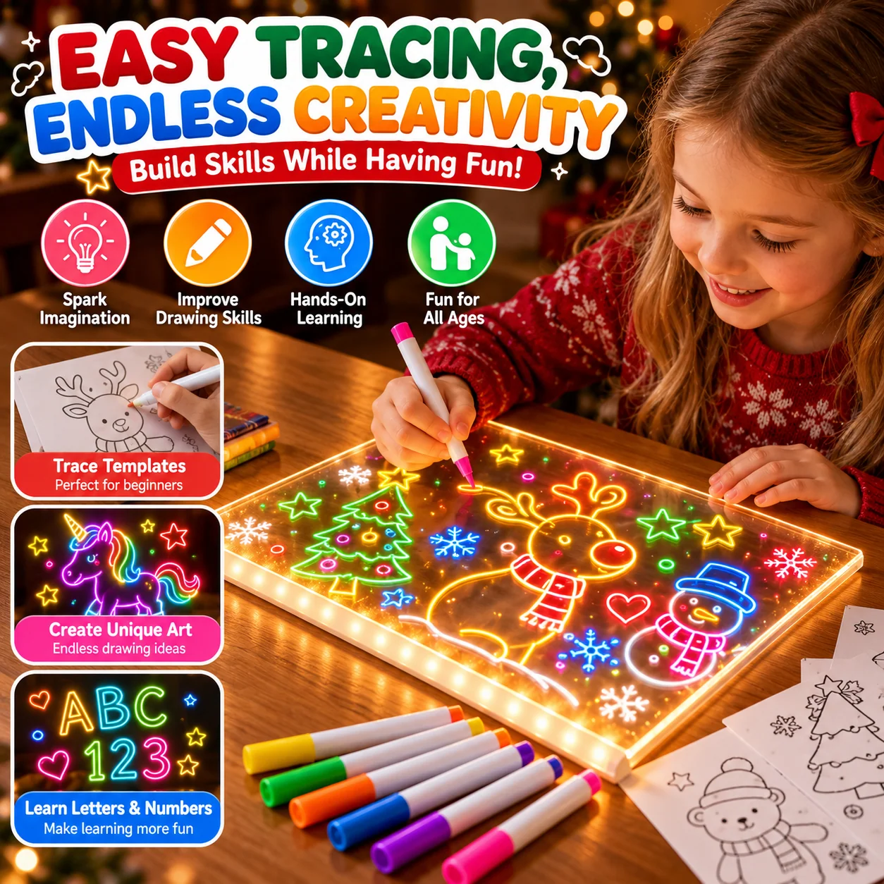 Bright LED light-up art board showing glowing colorful Christmas drawings