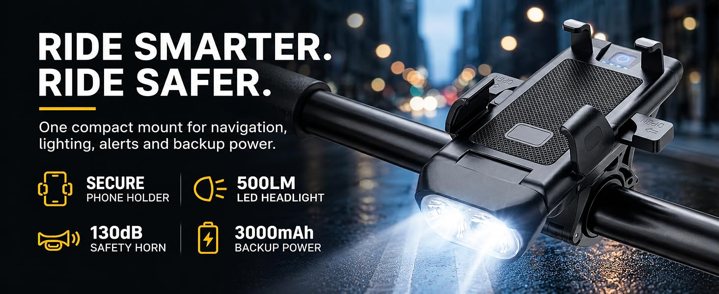 Original product banner showing four-in-one bike light, smartphone mount, horn and power bank