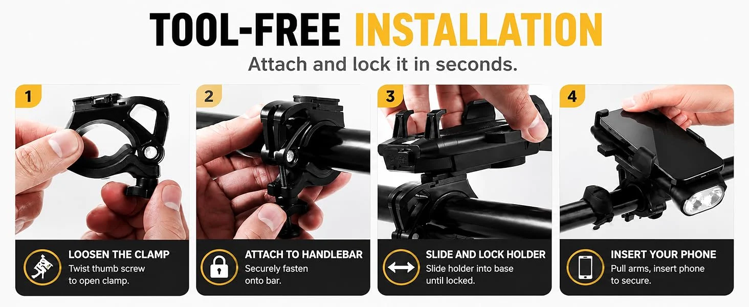 Original four-step installation diagram showing clamp mounting, sliding in the holder, and inserting the phone