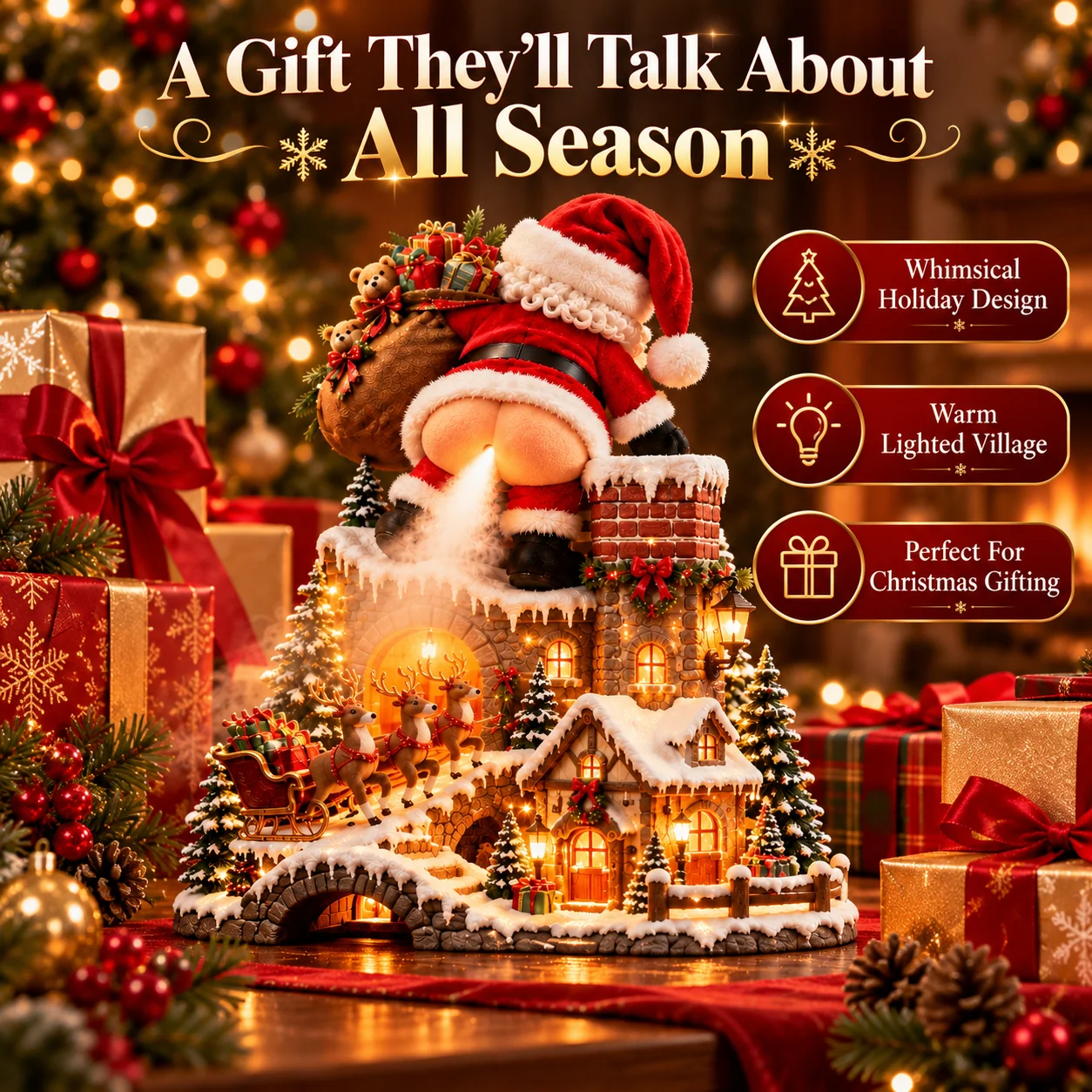Santa Christmas village diffuser displayed with festive gift boxes