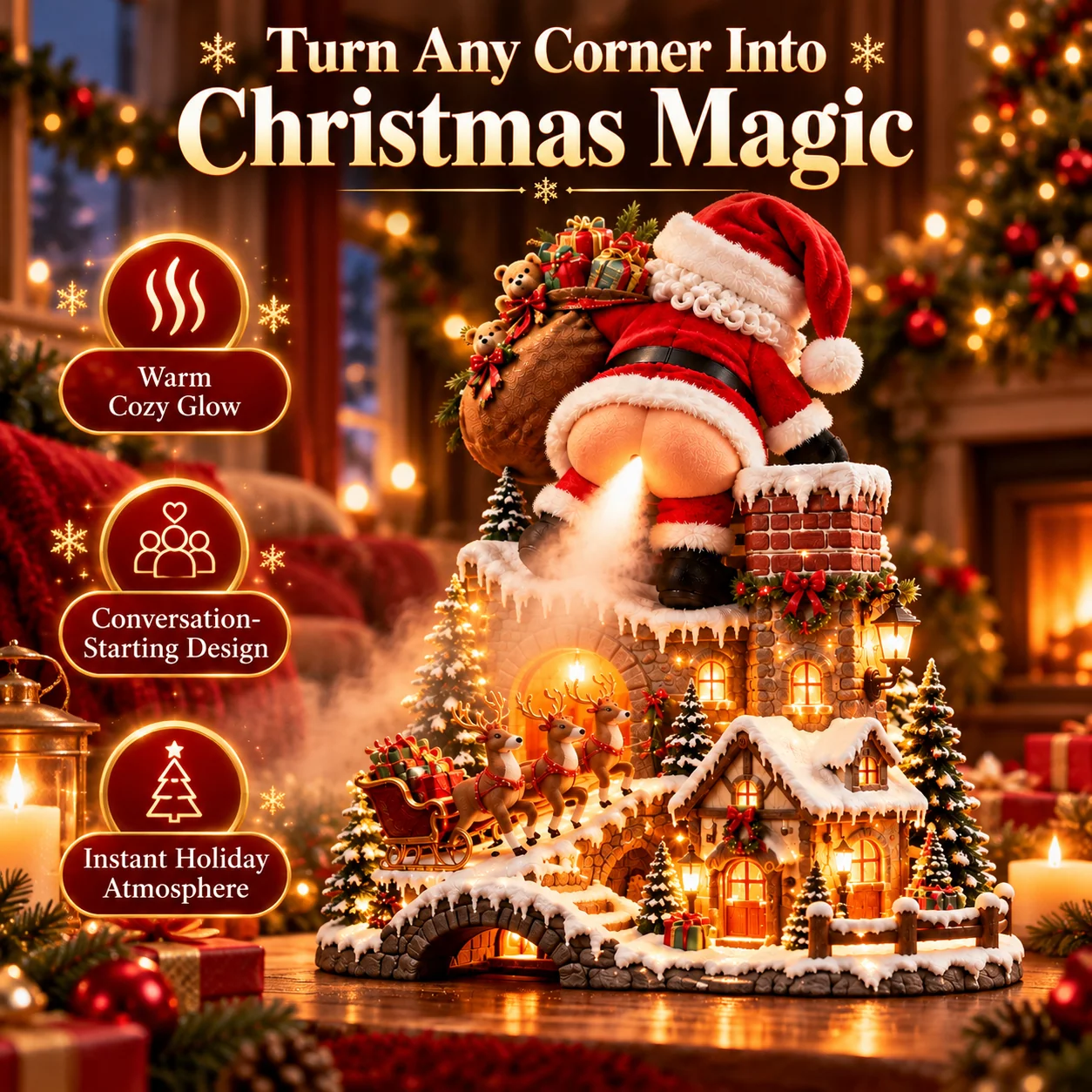 Santa mist diffuser and lighted Christmas village in a warm holiday living room