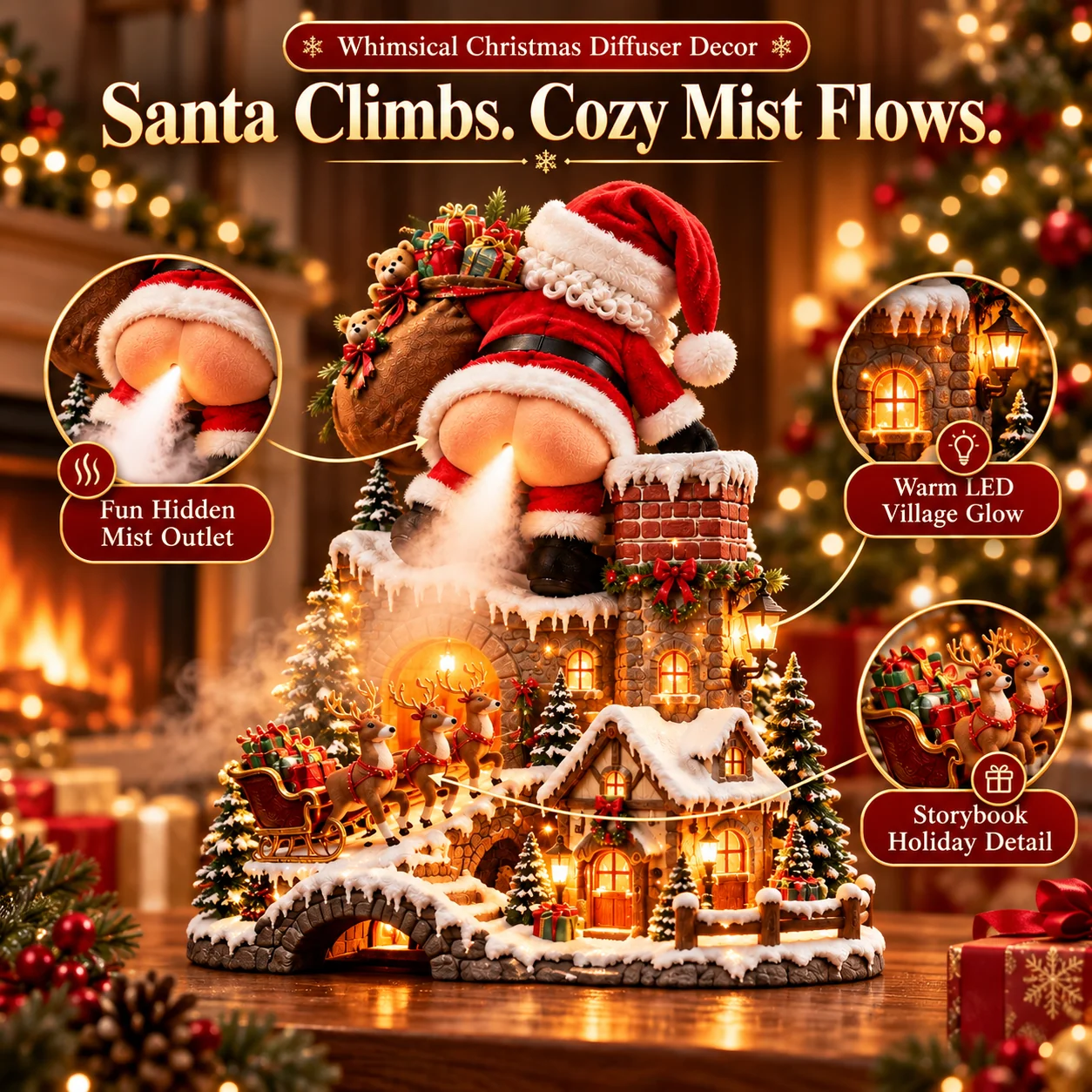 Santa Christmas village aroma diffuser with glowing cottages and funny mist